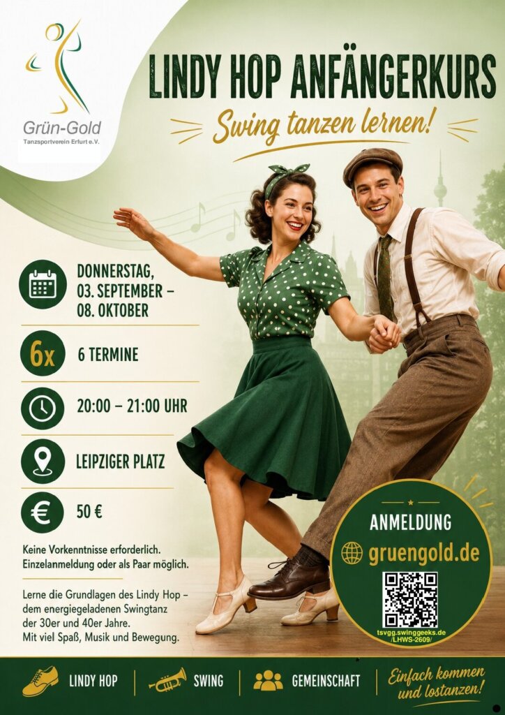 Tauche ein in die faszinierende Welt des Lindy Hop – dem energiegeladenen Swingtanz der 30er und 40er Jahre. In entspannter Atmosphäre lernst du die Grundlagen dieses mitreißenden Paartanzes und entdeckst, wie viel Freude Bewegung zur Musik machen kann.